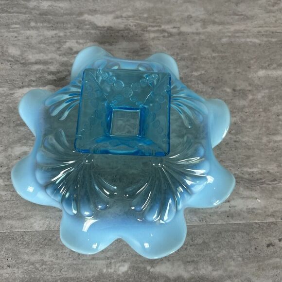 Northwood Blue Opalescent Ruffled Candy‎ Dish Shell Design Square Pedestal Base - Picture 12 of 16